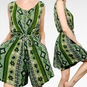 VINTAGE | 1980’s Green Bohemian Floral Stripe Hippie Romper With Pockets
